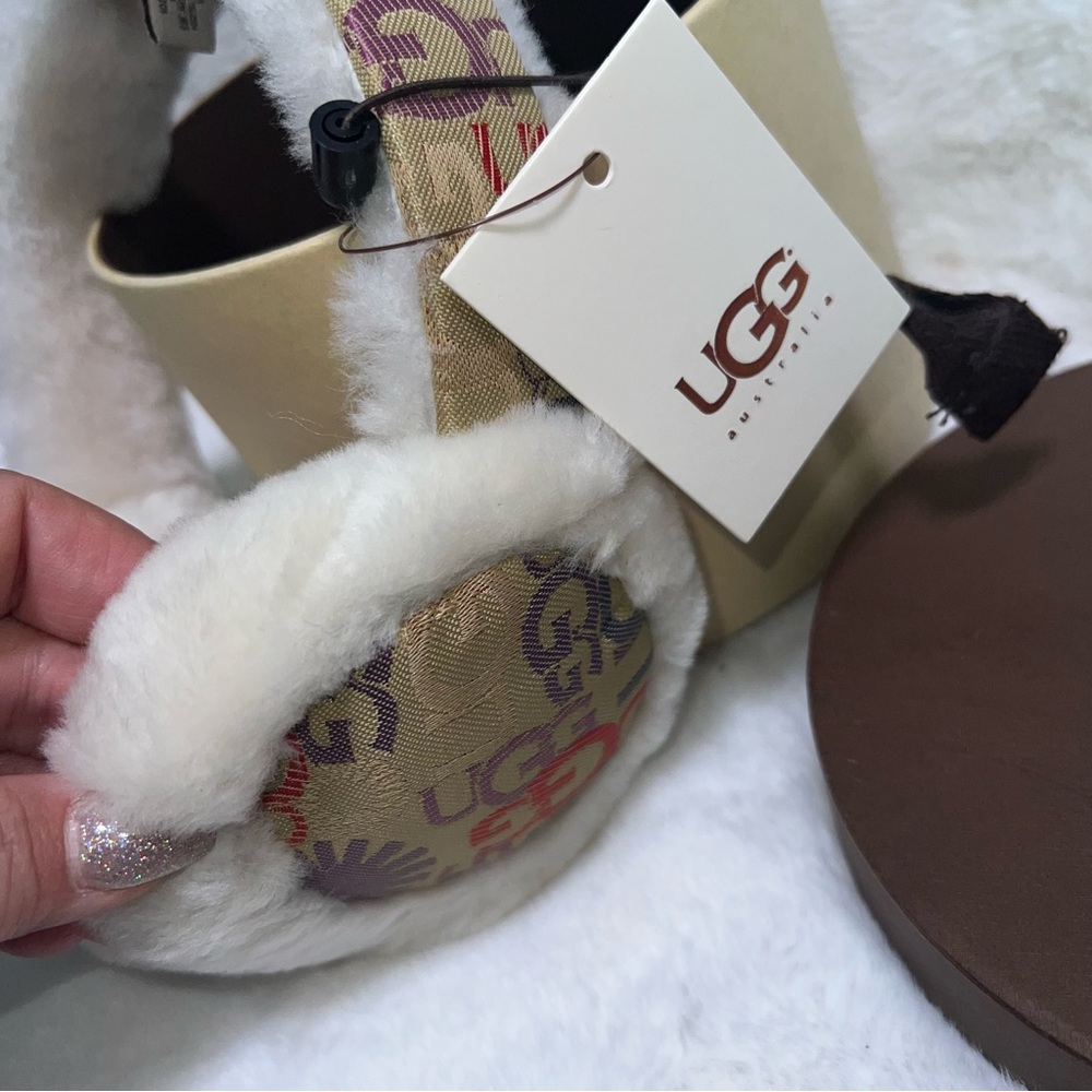 UGG SHEARLING LOGO PATTERN EAR MUFFS IN BOX NWT (B1) - Picture 2 of 3